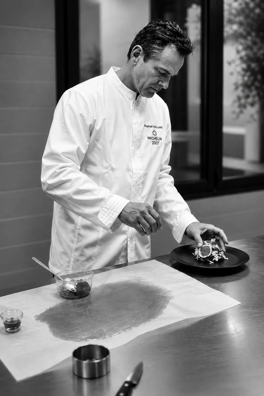 Raphaël Rolland, ancien chef étoilé au Guide Michelin (2007), dresse une assiette en cuisine — Les Temps Gourmands, traiteur à Pont-l'Abbé en Pays Bigouden (Finistère)